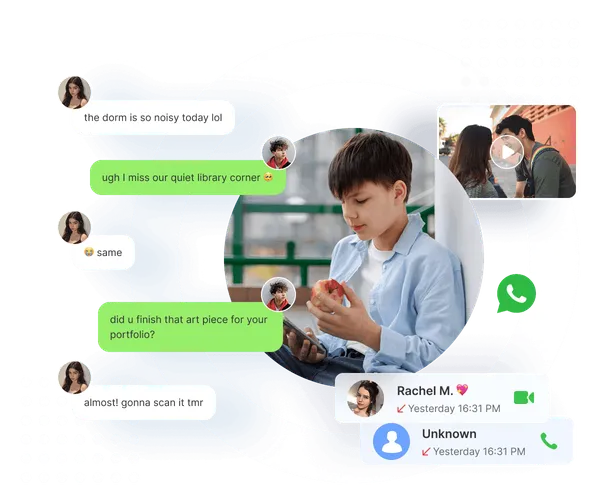 Illustration of a phone showing WhatsApp messages being monitored