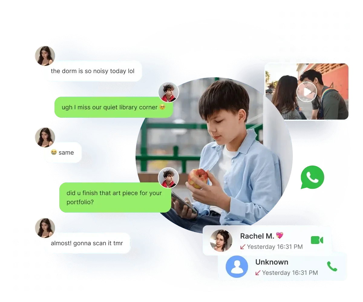 Illustration of a phone showing WhatsApp messages being monitored